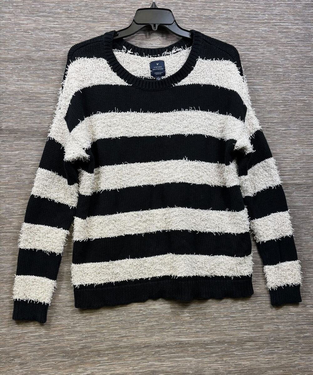 American Eagle Outfitters Sweater Womens L Black Stripe Boyfriend Knit Pullover